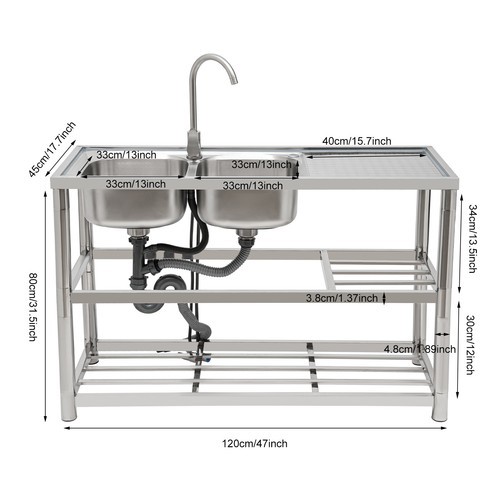 Free Standing Commercial Kitchen Sink Stainless Steel Dual Bowl For Restaurant