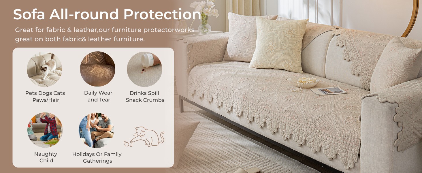 Cotton Quilted Dog Couch Cover for Sofa Farmhouse Rustic Embroidery Sectional