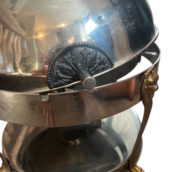 Vintage Silver Plated Steel Lion Head Round Chafer Chafing Dish Brass Legs