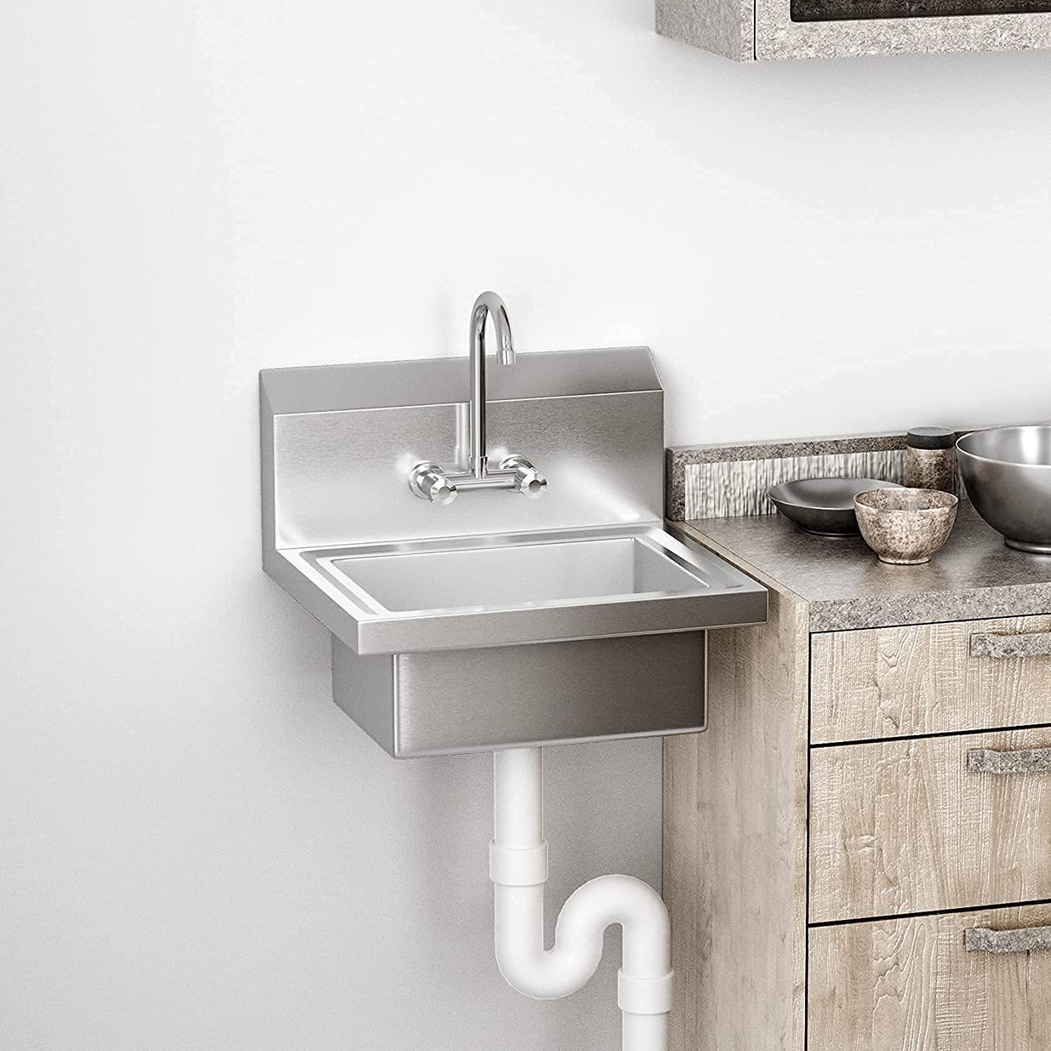 Hand Wash Commercial Sink Wall Mount Utility Sink with Hot&Cold Faucet Silver
