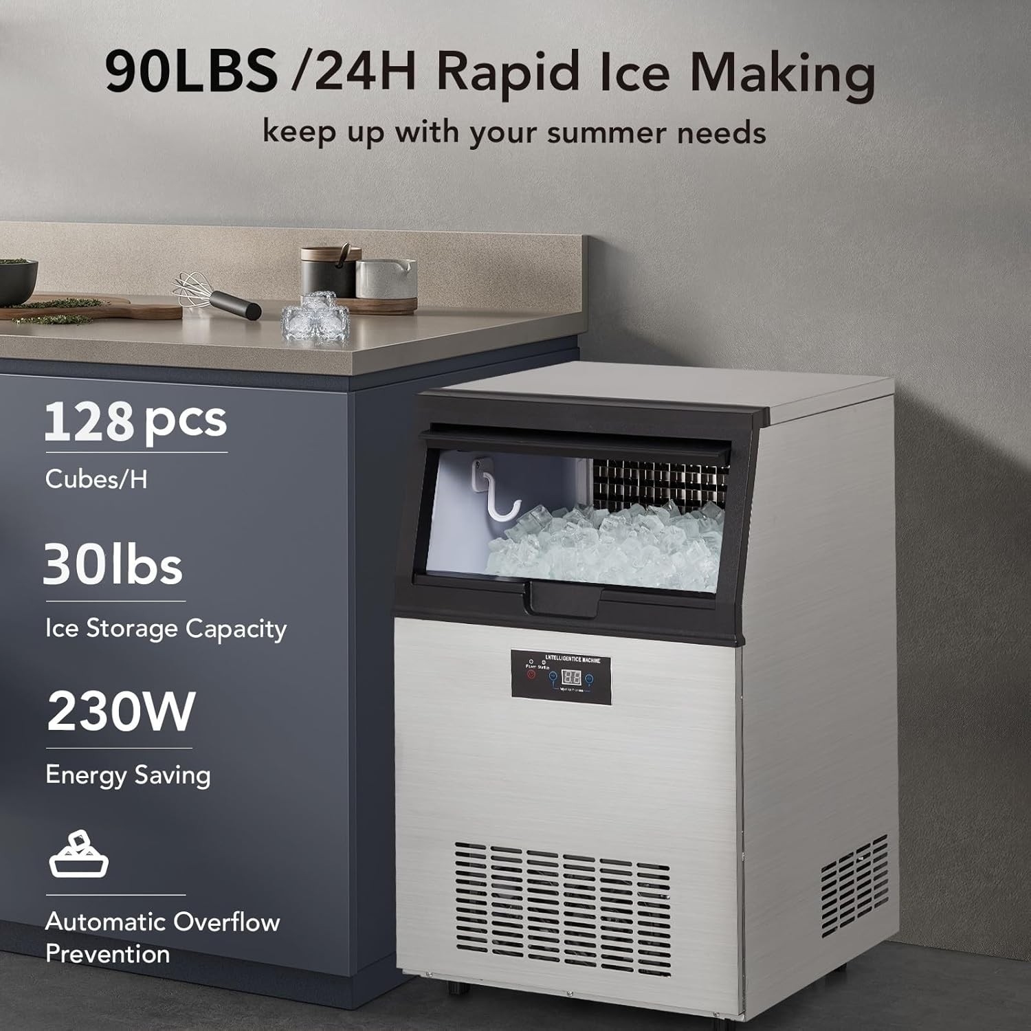 Commercial Ice Maker Machine 90lbs/24h w/ 30lbs Ice Storage Stainless Steel Bar