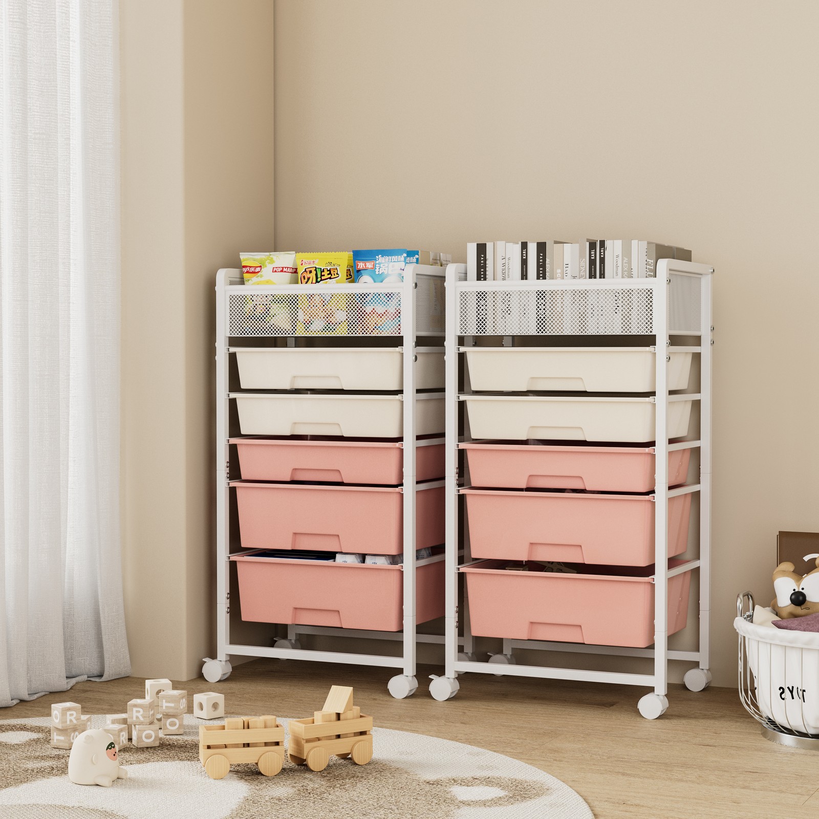 2 Pack 5-Tier Rotating Utility Cart Mobile Metal Storage Organizer Trolley White