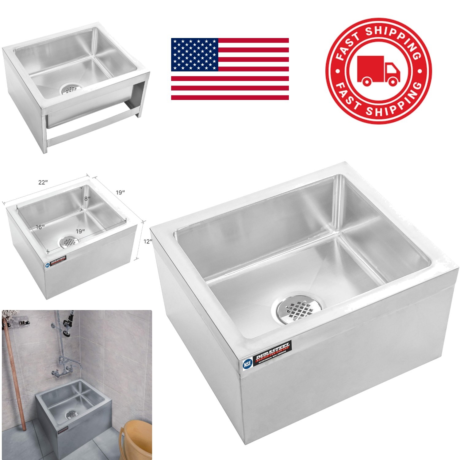 Easy Clean Mop Sink 19 by 22 Inch NSF Certified Stainless Steel Utility Basin