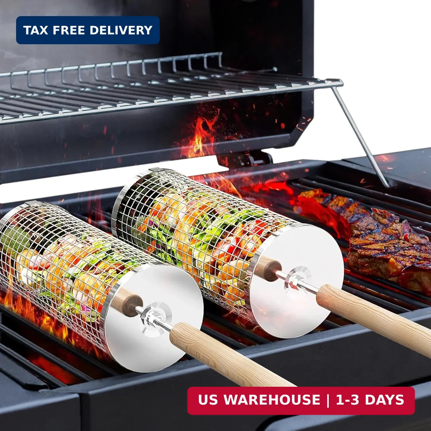 ivtivfu Rolling Grill Basket, Removable Wooden Handle, 304 Stainless Steel, Nest