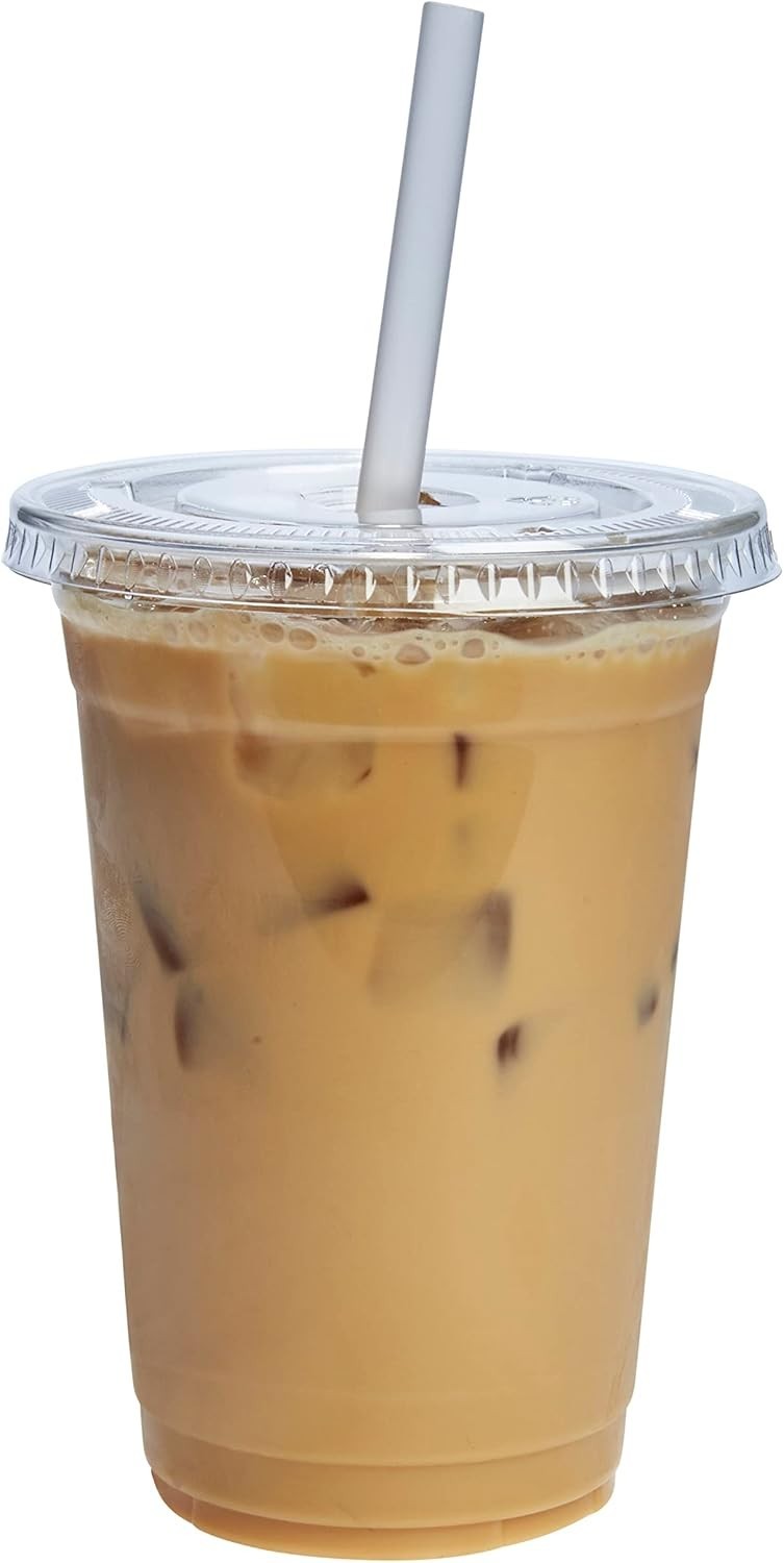 Clear Plastic Cups with Flat Lids [20 oz – 100 Count] – Disposable Iced Coffe…
