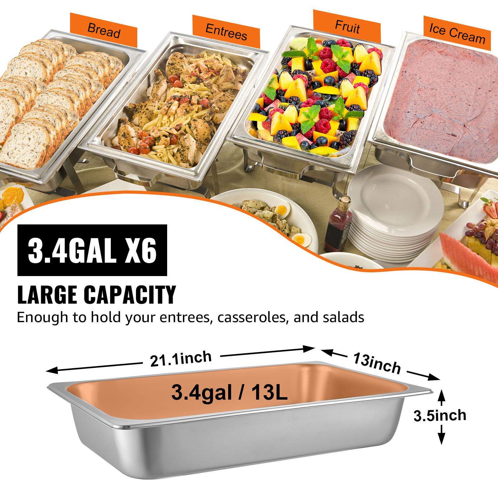 VEVOR 6 Pcs Full Size 4″ Deep Steam Table Pans Stainless Steel Hotel Food Prep