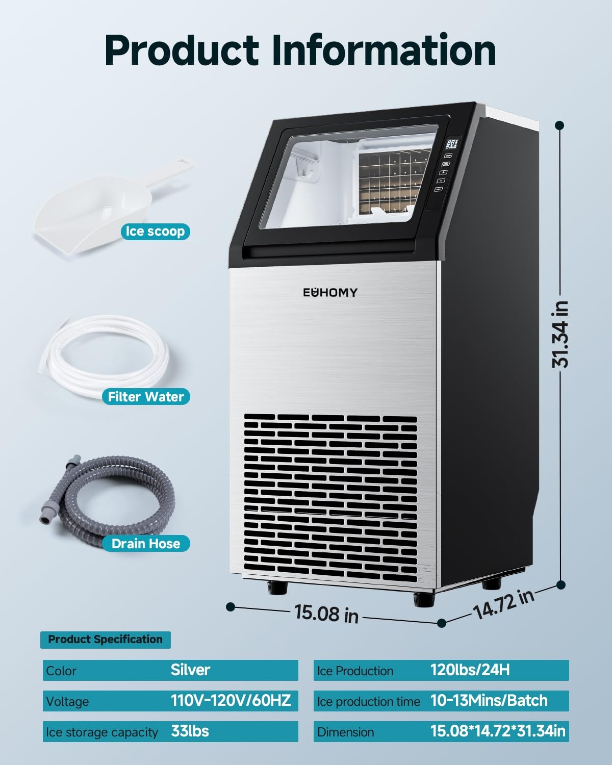 Commercial Ice Maker Machine,120lbs/24H Stainless Steel Under Counter 120 pounds