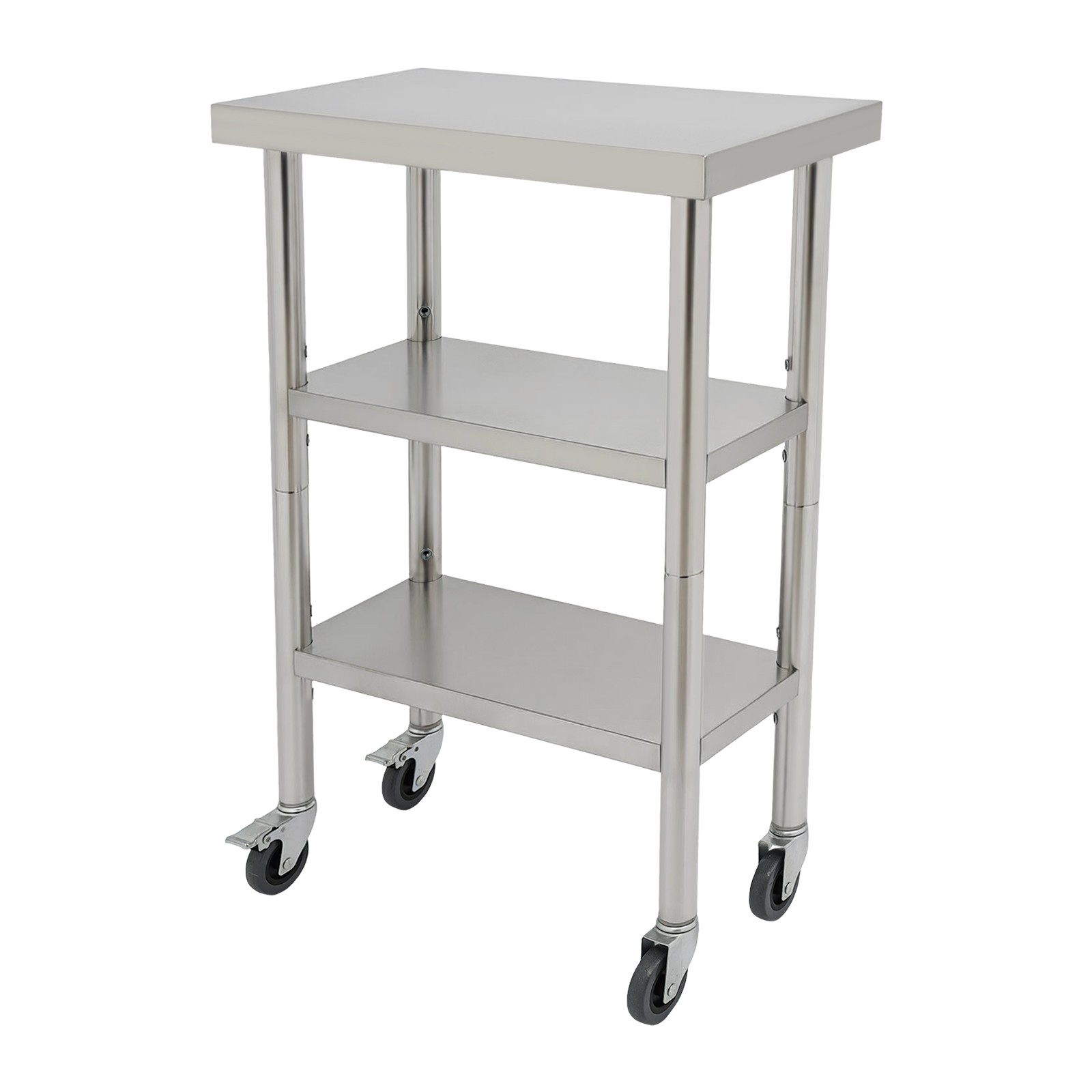 Stainless Steel 3-Tier Workbench 40mm Top 24 × 12 × 35 in Wheels & Foot Pads