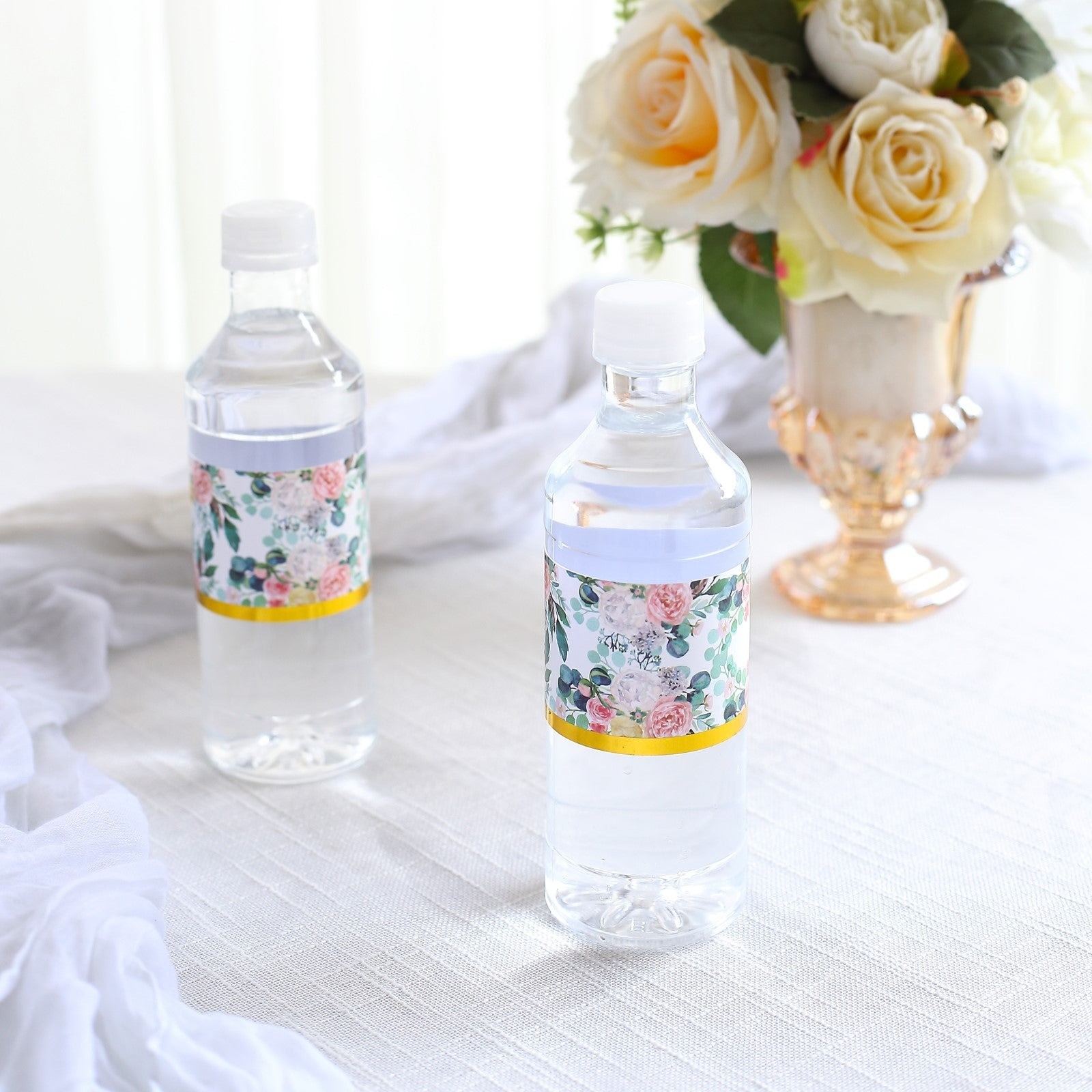 24 White Pink Peony Floral Stickers Water Bottle Labels Gold Trim Party Events