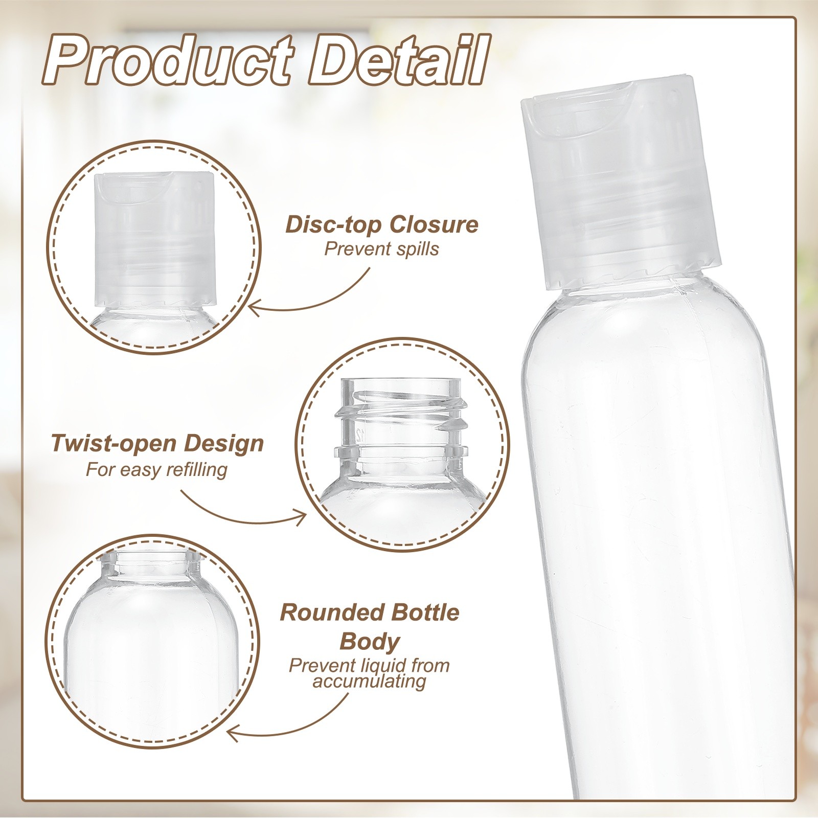 6Pcs 2oz Plastic Travel Bottles, Empty Bottles with Clear Top Caps, Clear