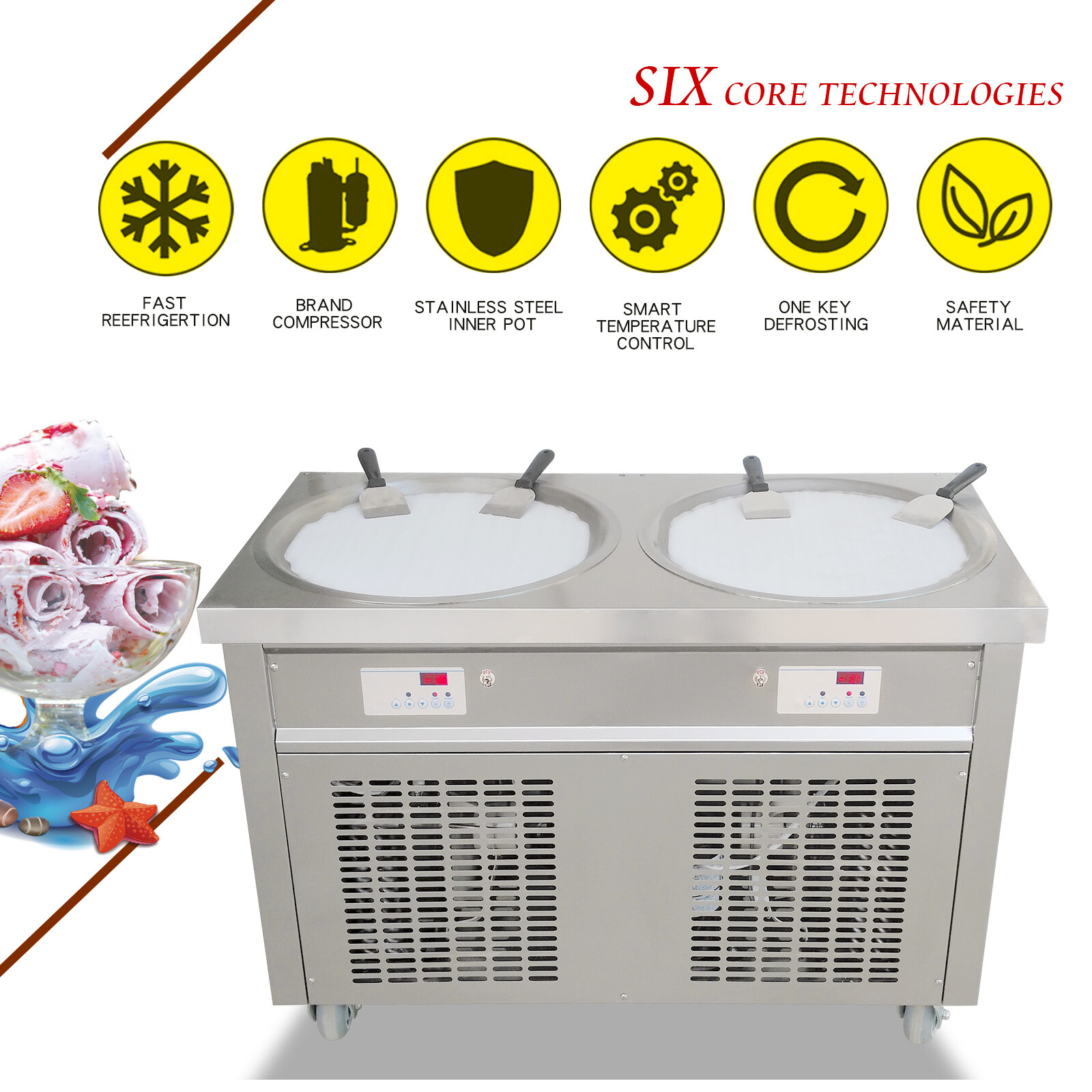 ETL NSF 55cm(22″) Double round pans rolled ice cream machine,ice cream maker