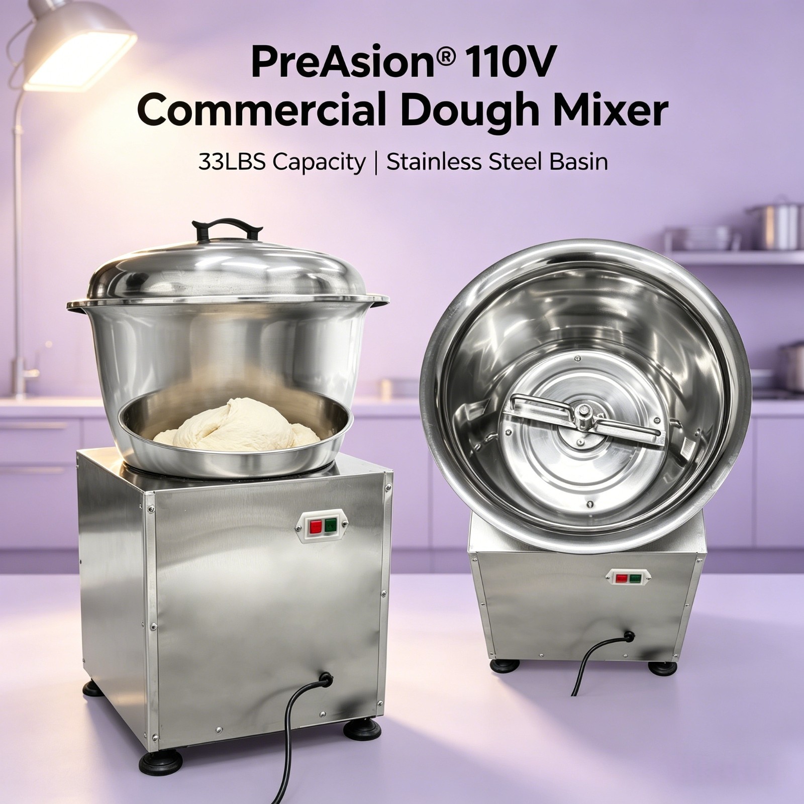 Commercial Dough Mixer, Stainless Steel Basin Kneading Machine, 33LBS Capacity