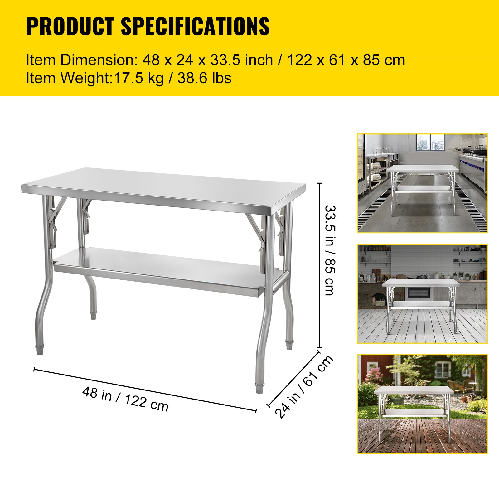 VEVOR Commercial Stainless Steel Folding Work Prep Tables Open Kitchen 48×24 In
