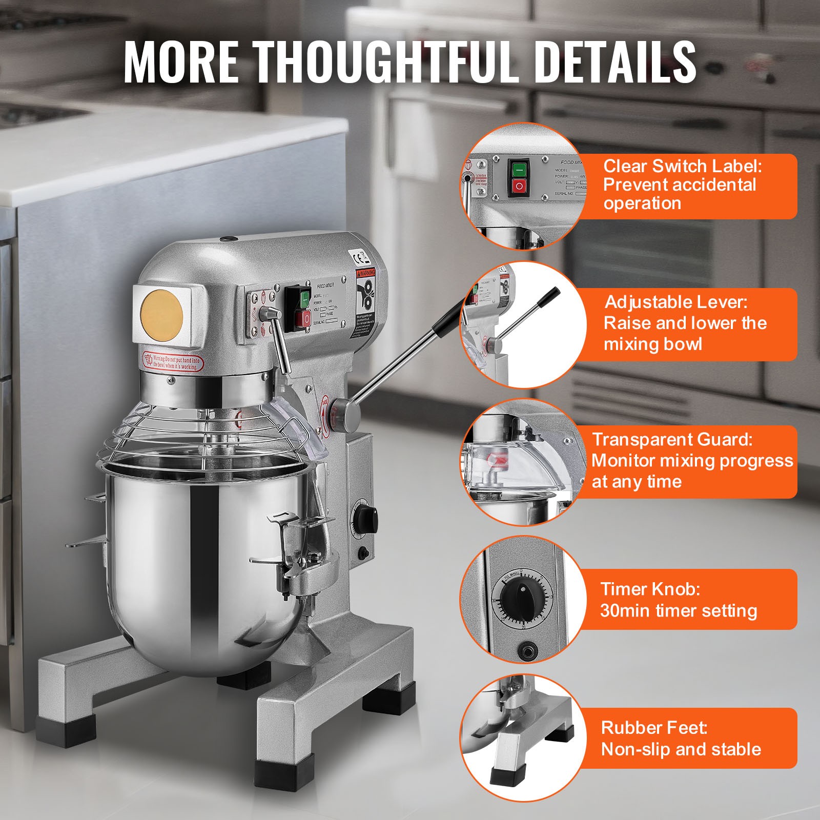 VEVOR 10/15/20/30 QT Commercial Food Mixer 3-Speed Stand Electric Dough Mixer