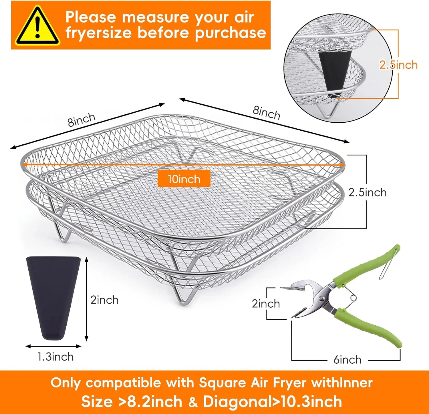 8 Inch Square Air Fryer Rack Set,Dual-Layer 304 Stainless Steel Cosori Ninja Air