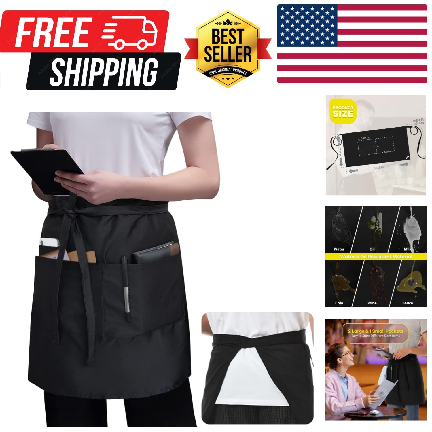 Server Apron Black with 3 Pockets 18 Inch Long Waiter Waitress Bistro Half Wa…