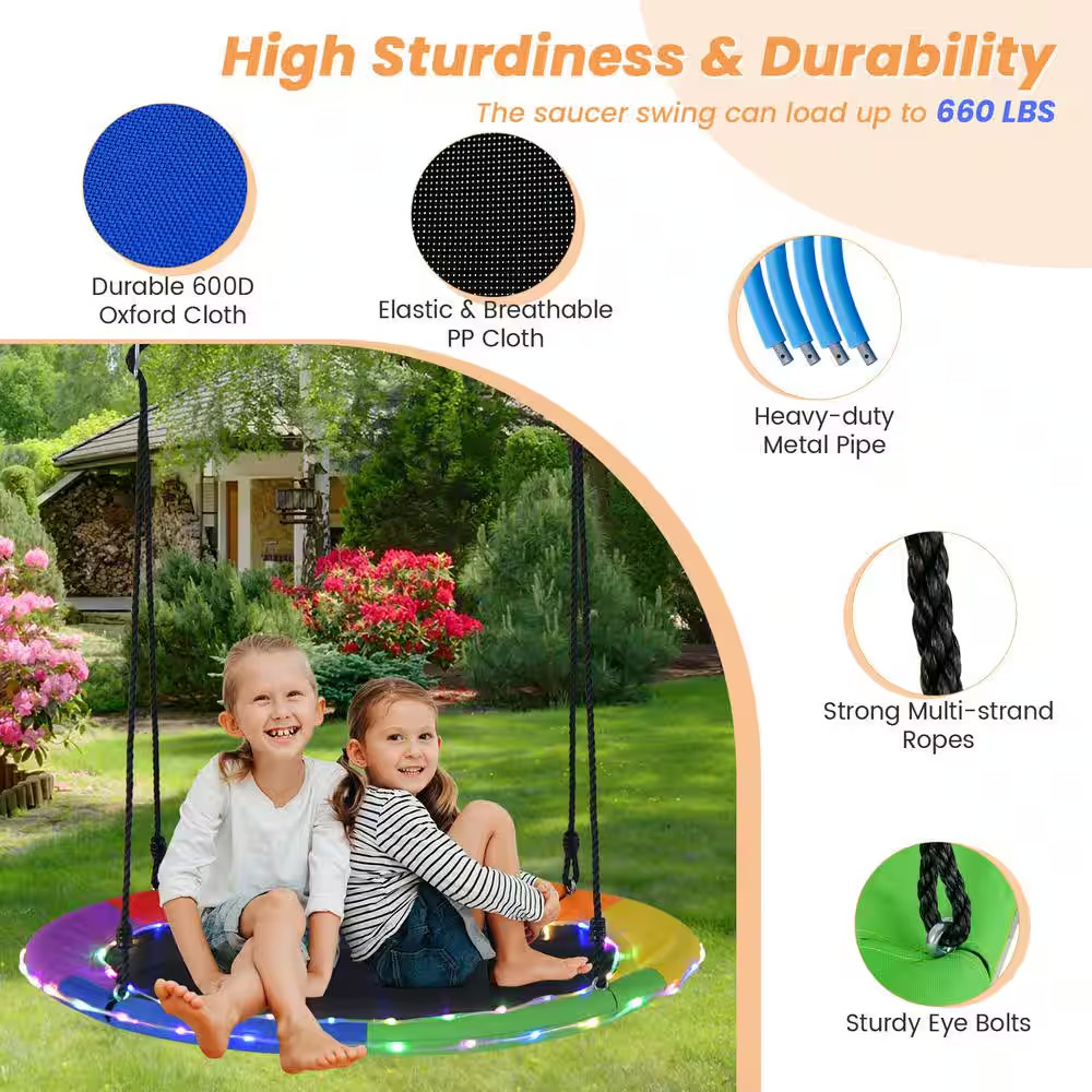 40 In. Saucer Tree Swing 660 Lbs. for Kids Adults Outdoor with LED Lights Rainbo