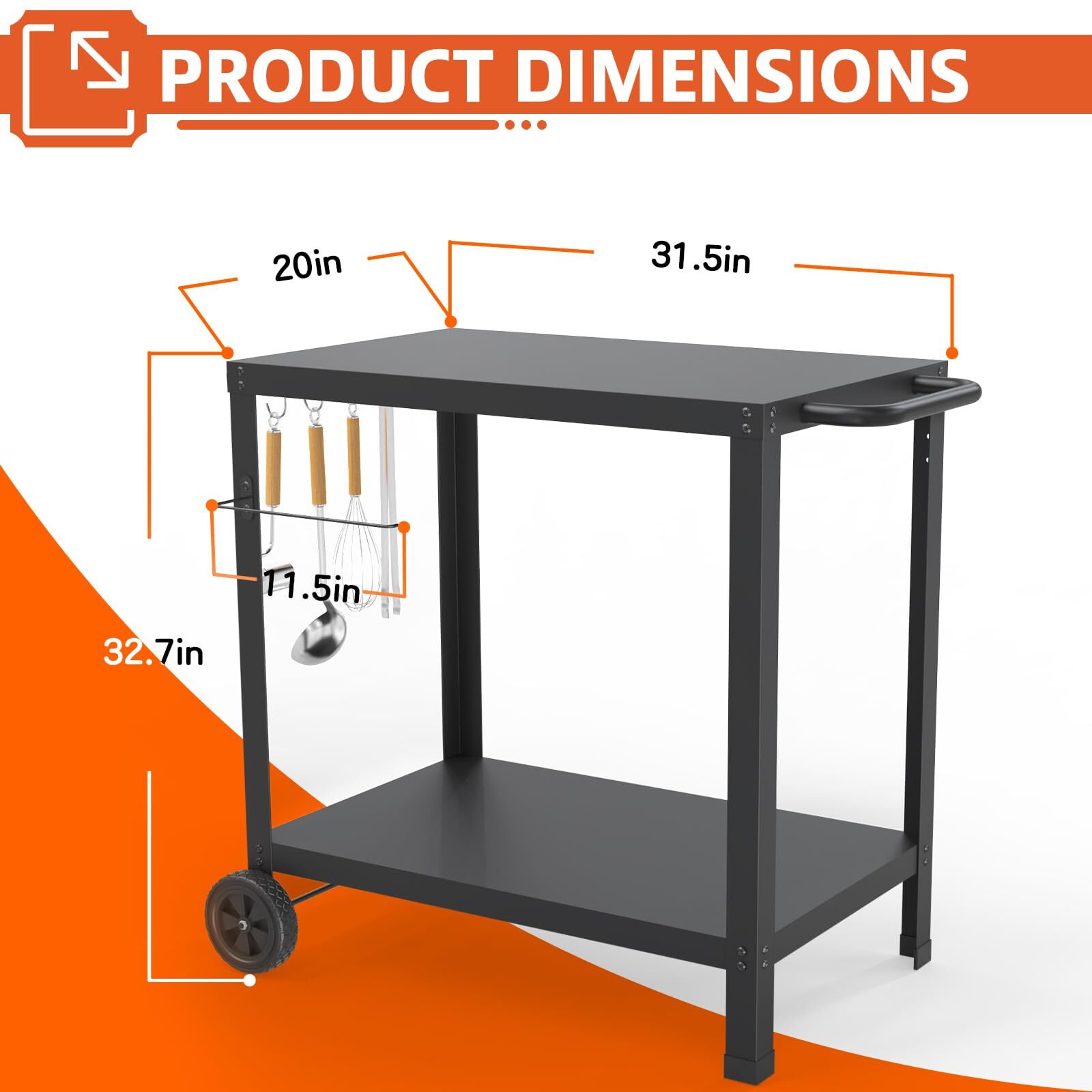 32x20IN Double-Shelves Grill Table, Outdoor Grill Cart, Movable Pizza Oven Table