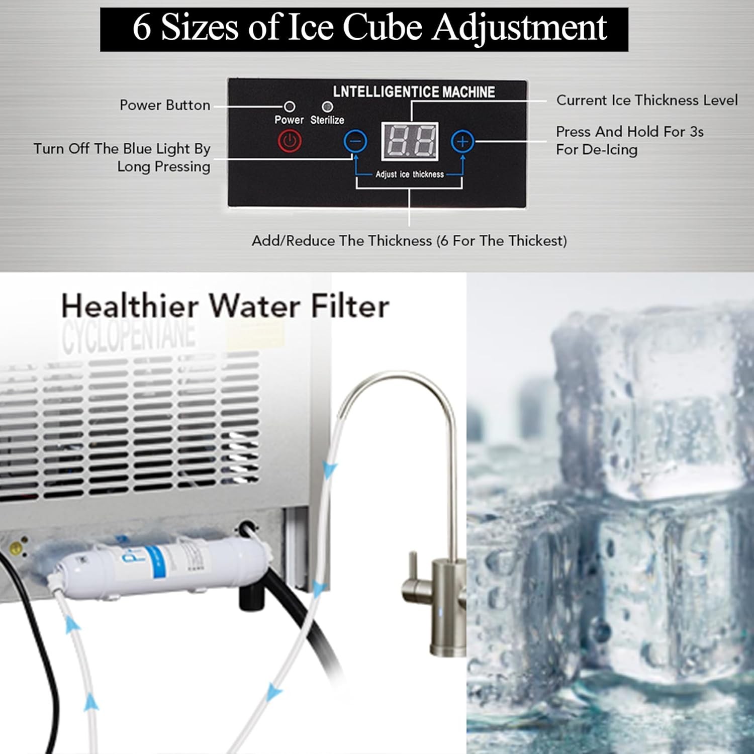 80LBS/24H Commercial Ice Maker Freestanding Stainless Steel Ice Machine for Home