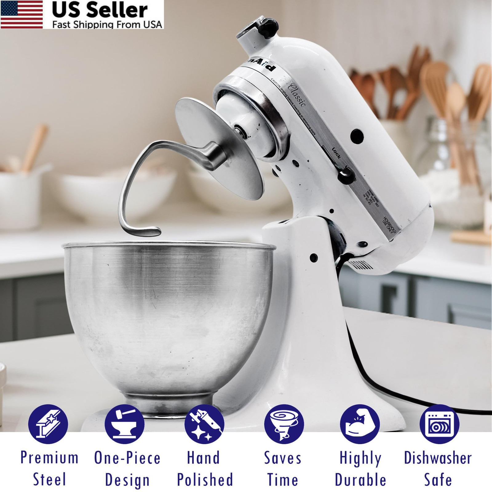Merisch Anti-Climb Stainless Steel Dough Hook for KitchenAid MCH5, Sliver