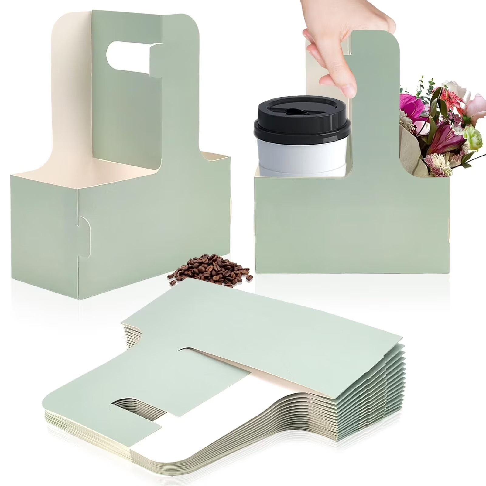 2 Cup Drink Carrier with Handle 11 Pack Kraft Paperboard to Go SAGE GREEN