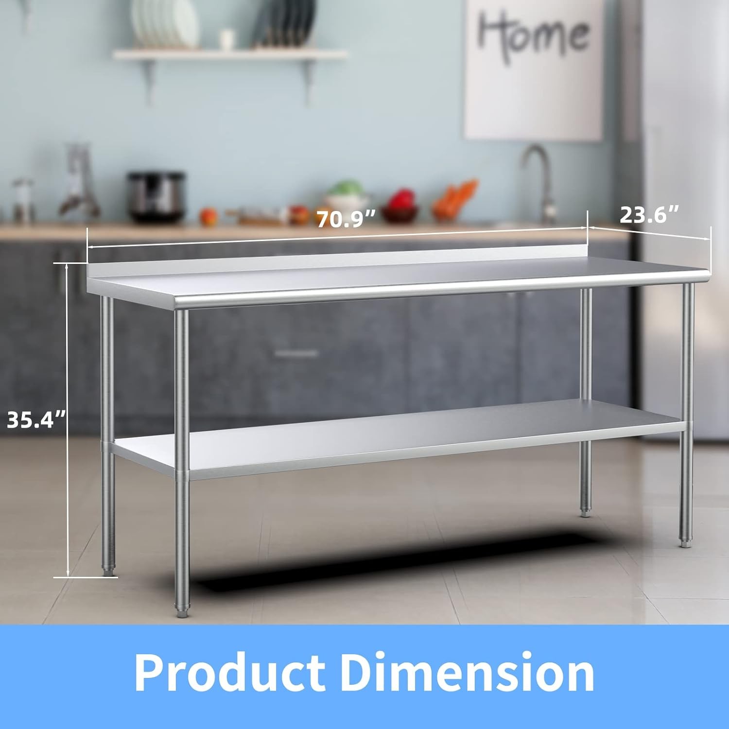 72» x 24» Stainless Steel Table for Prep & Work with Backsplash for Kitchen