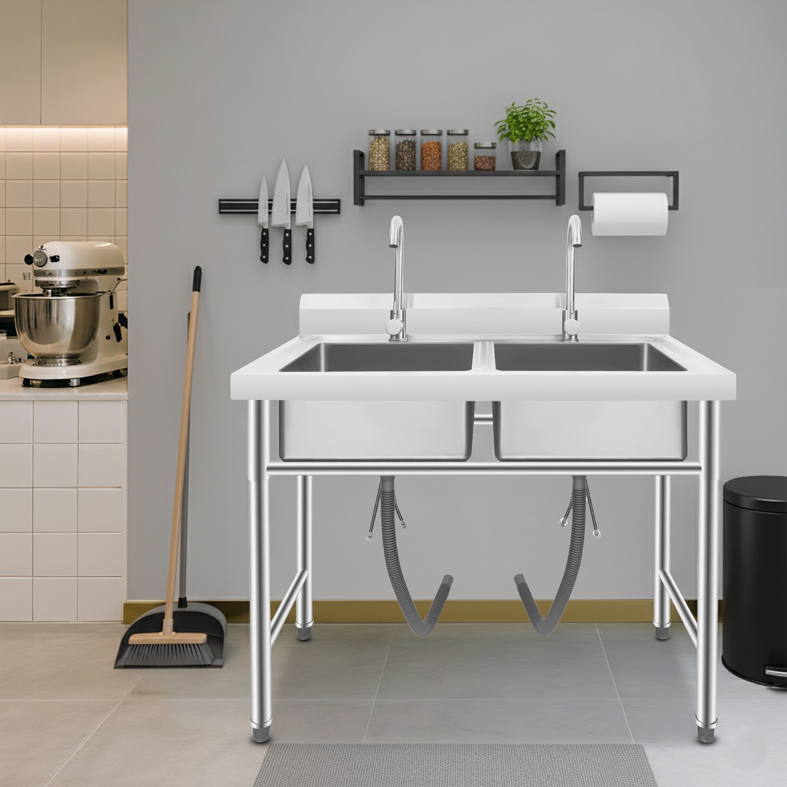 2 Compartment Free Standing Utility Sink for Garage Restaurant, Kitchen, Laundry