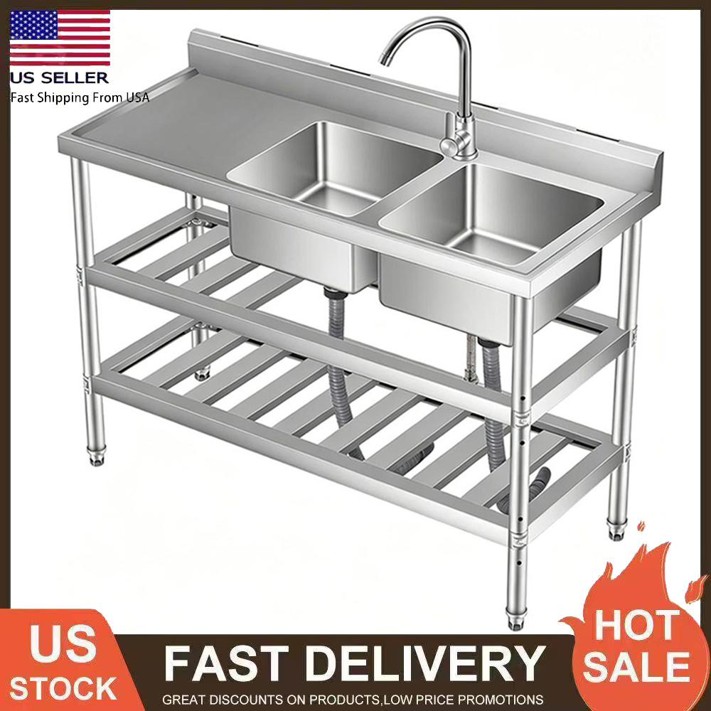 47″ Free Standing Commercial Kitchen Sink Stainless Steel W/ 2 Bowl Utility Sink