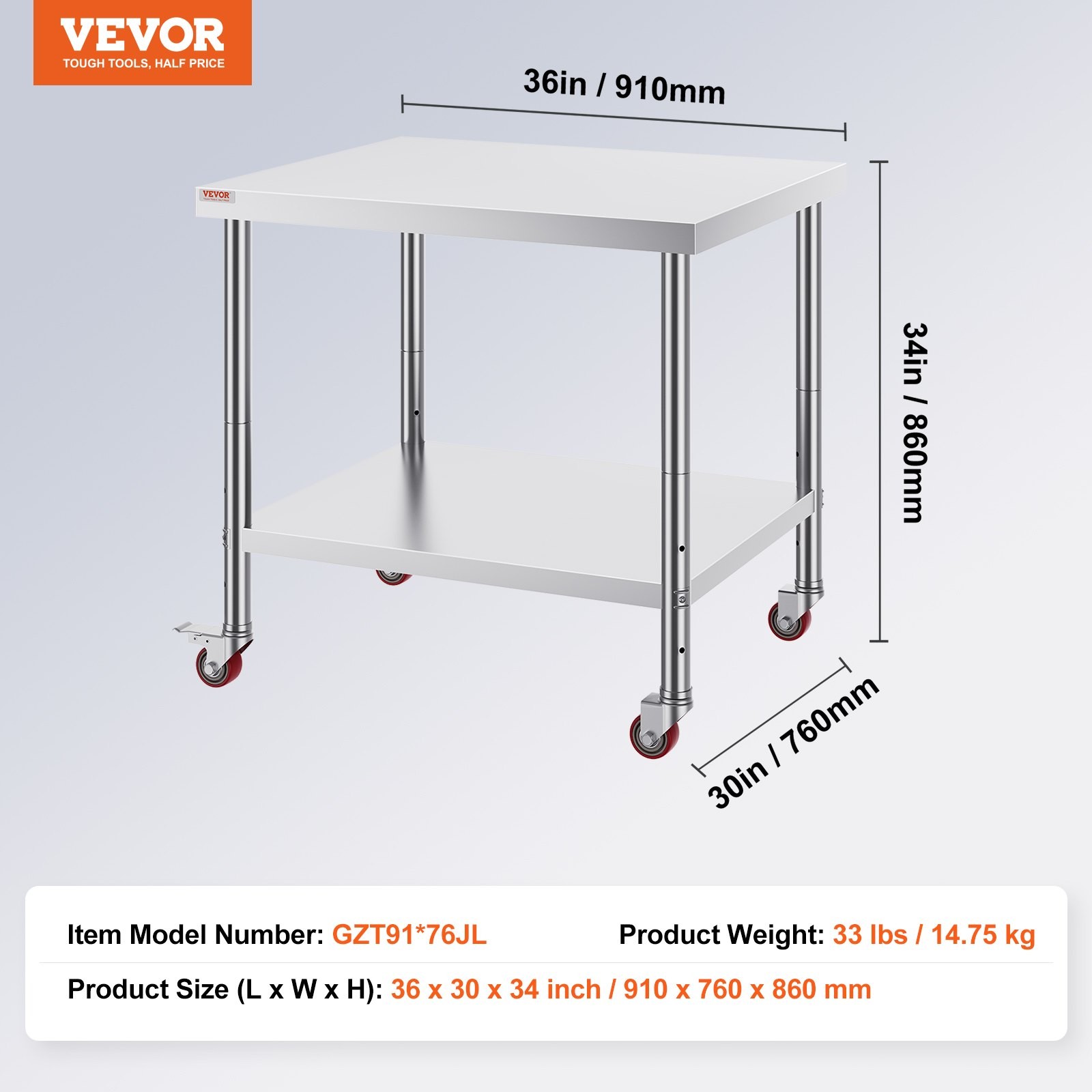 Stainless Steel Work Table 36 x 30 x 34 Inch, 700 LBS Load Capacity with 4 Wheel