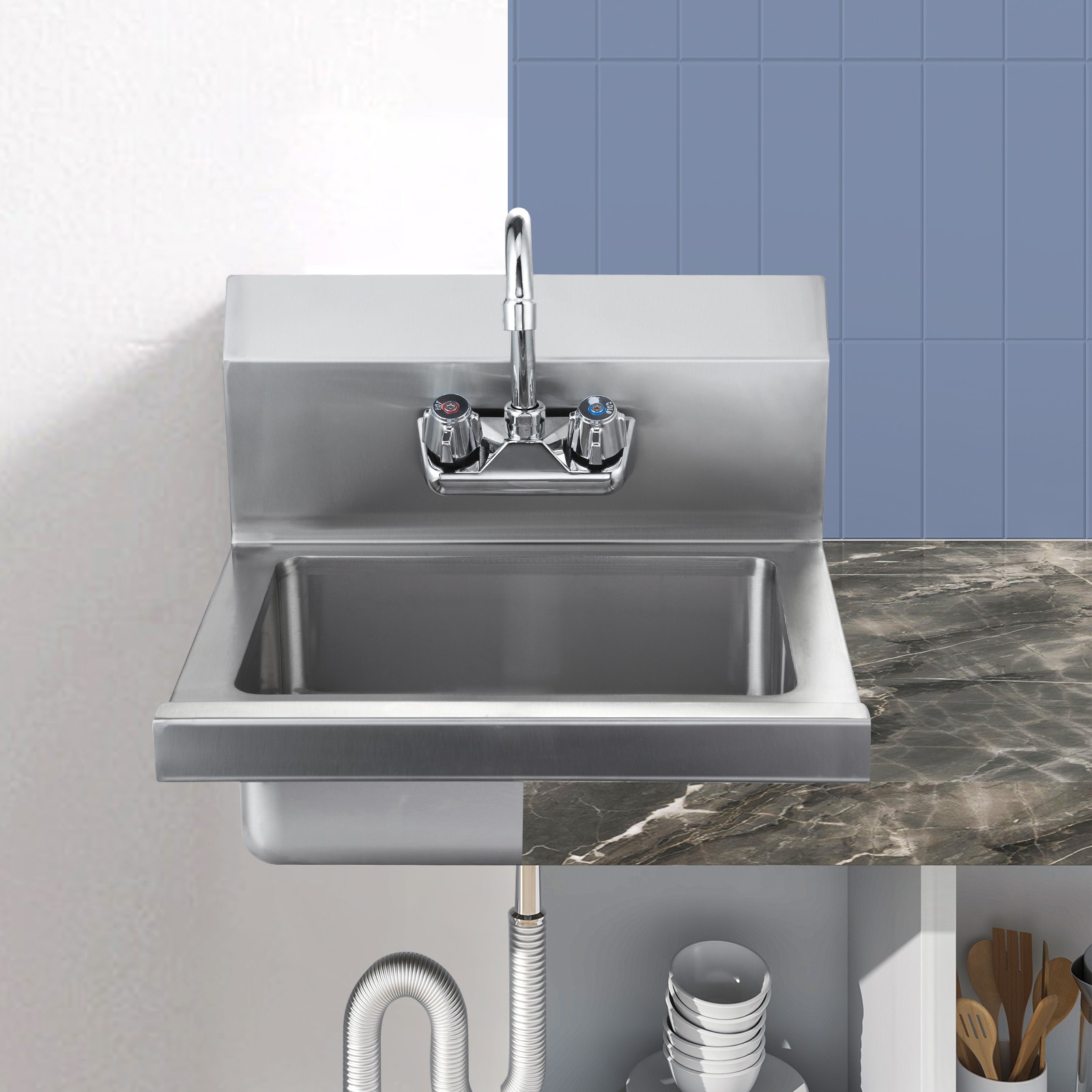 VEVOR Wall Mount Hand Wash Sink 17″x 15″ Stainless Steel w/ Faucet & Splash NSF