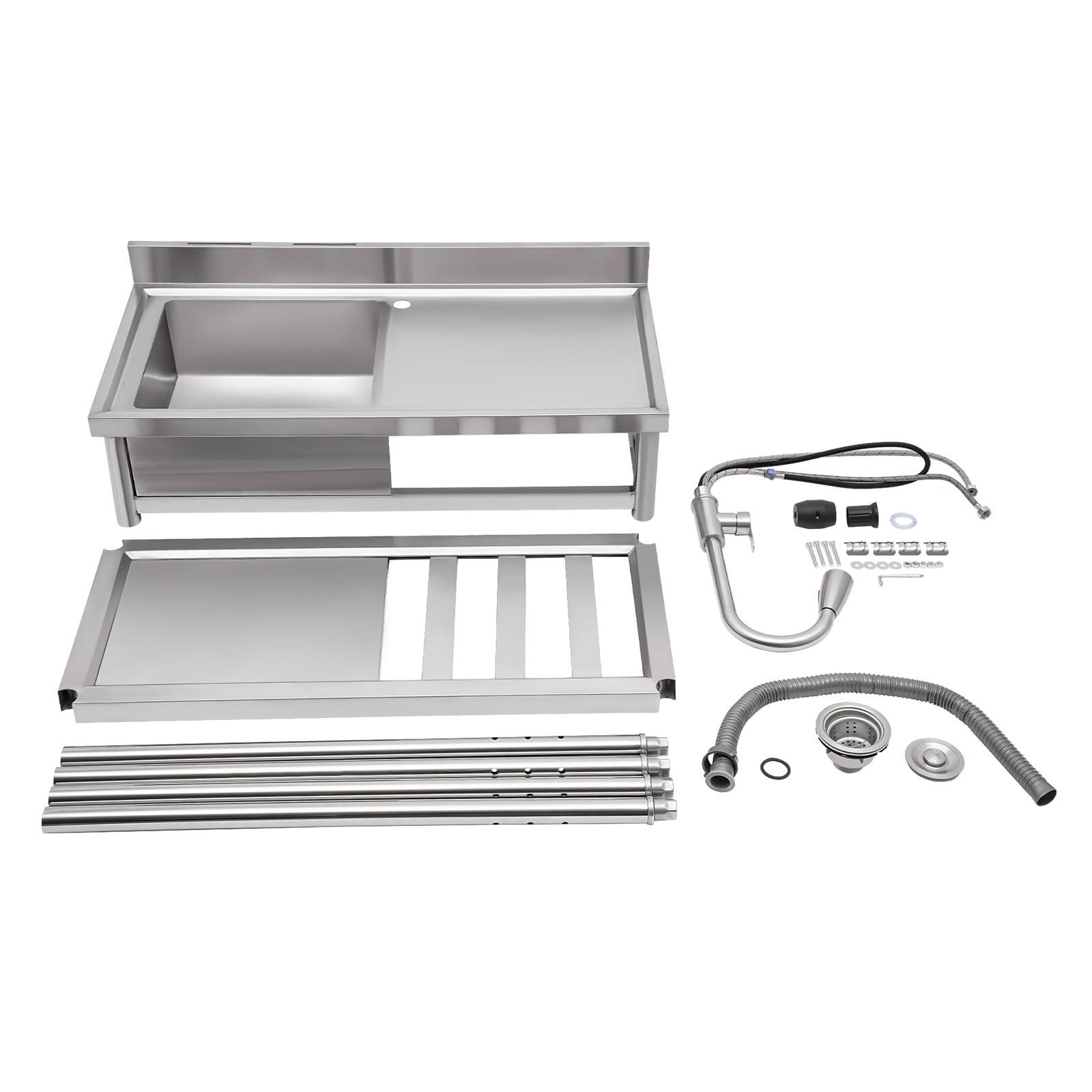 Stainless Steel Kitchen Utility Sink 39″ Freestanding Watersink +Pull-out Faucet