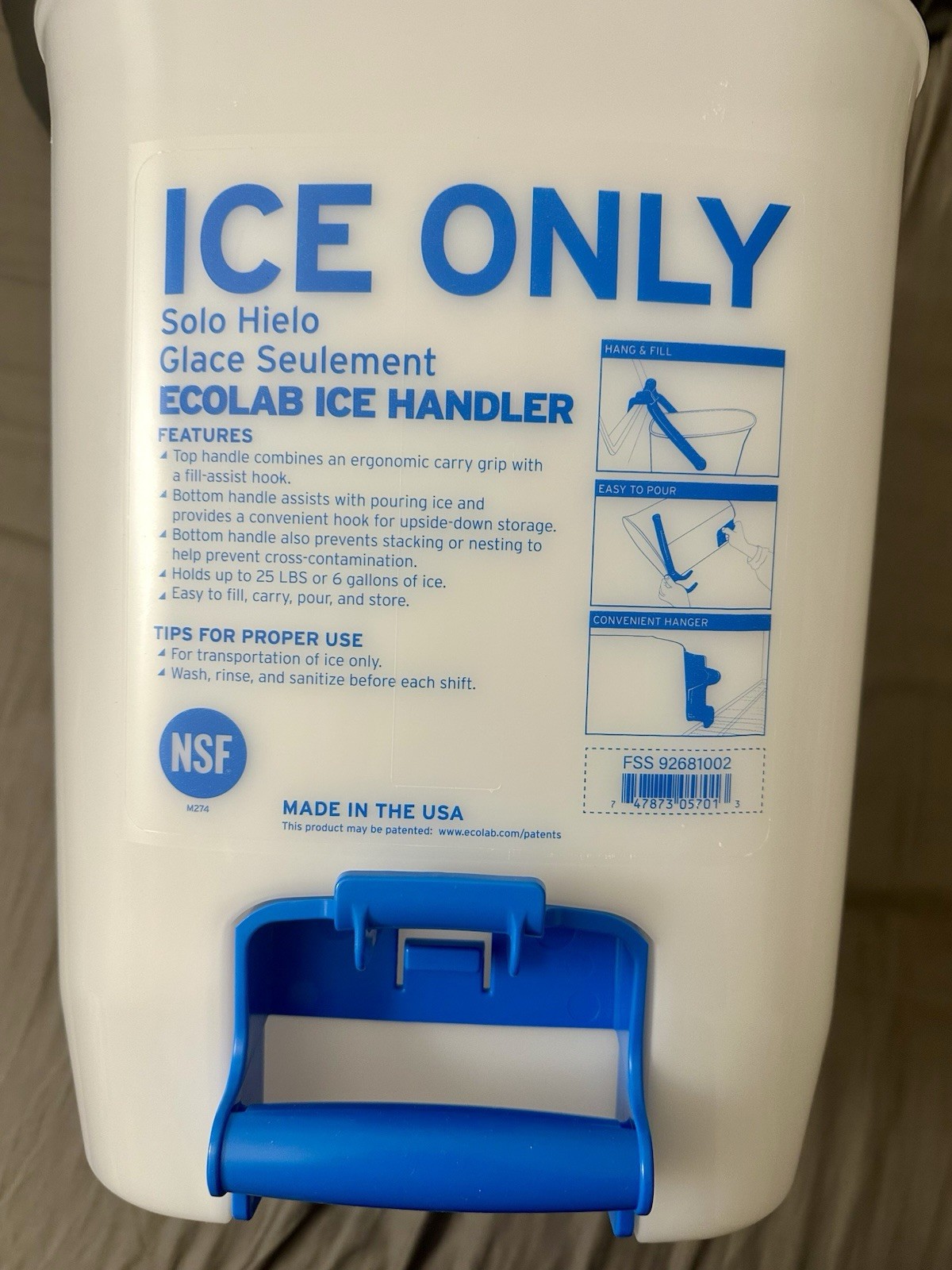 Ecolab Ice-Handler Clear Ice Bucket, Dishwasher Safe, Storage Bracket, NSF. NEW