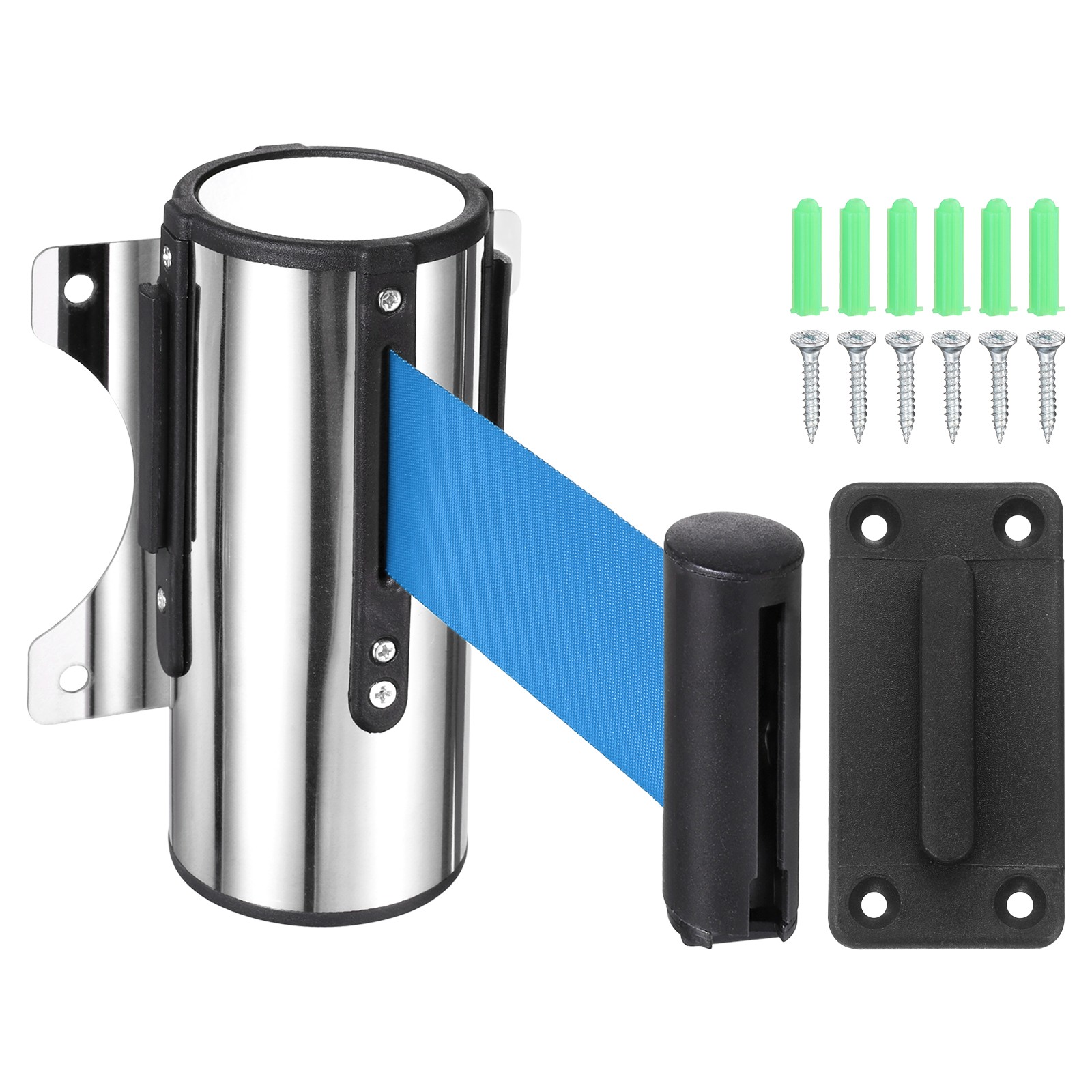 16.4 Foot Fixed Wall Mount Retractable Belt Barrier Set, Blue