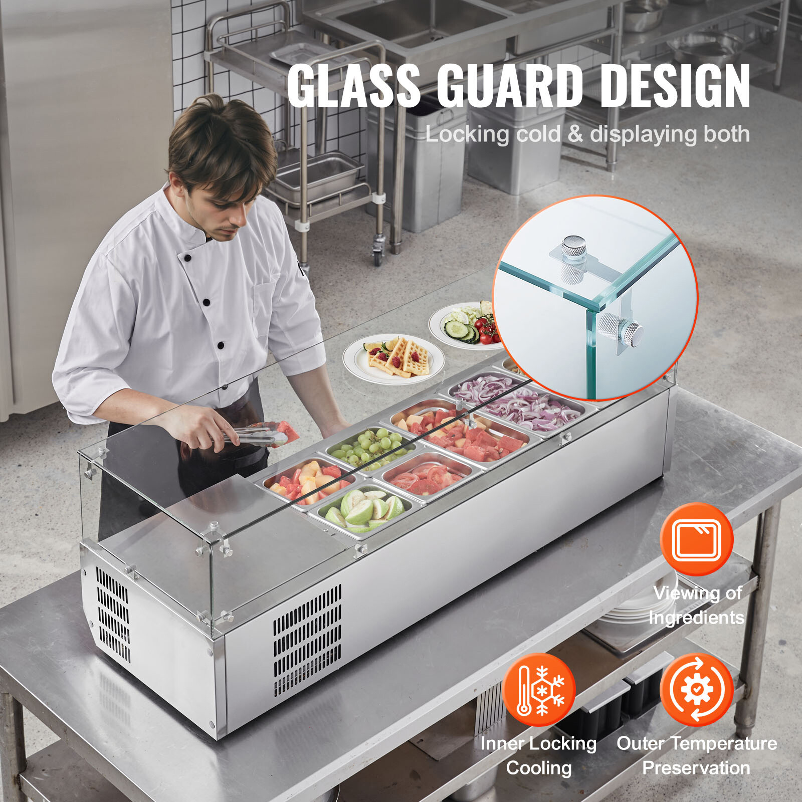 VEVOR 55″ Countertop Refrigerated Salad Pizza Prep Station 140 W Glass Guard ETL