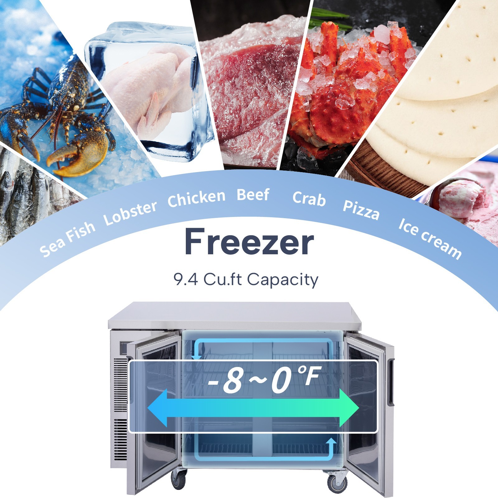 ICECASA 48″ Commercial Worktop Freezer Undercounter Stainless Steel Fridge
