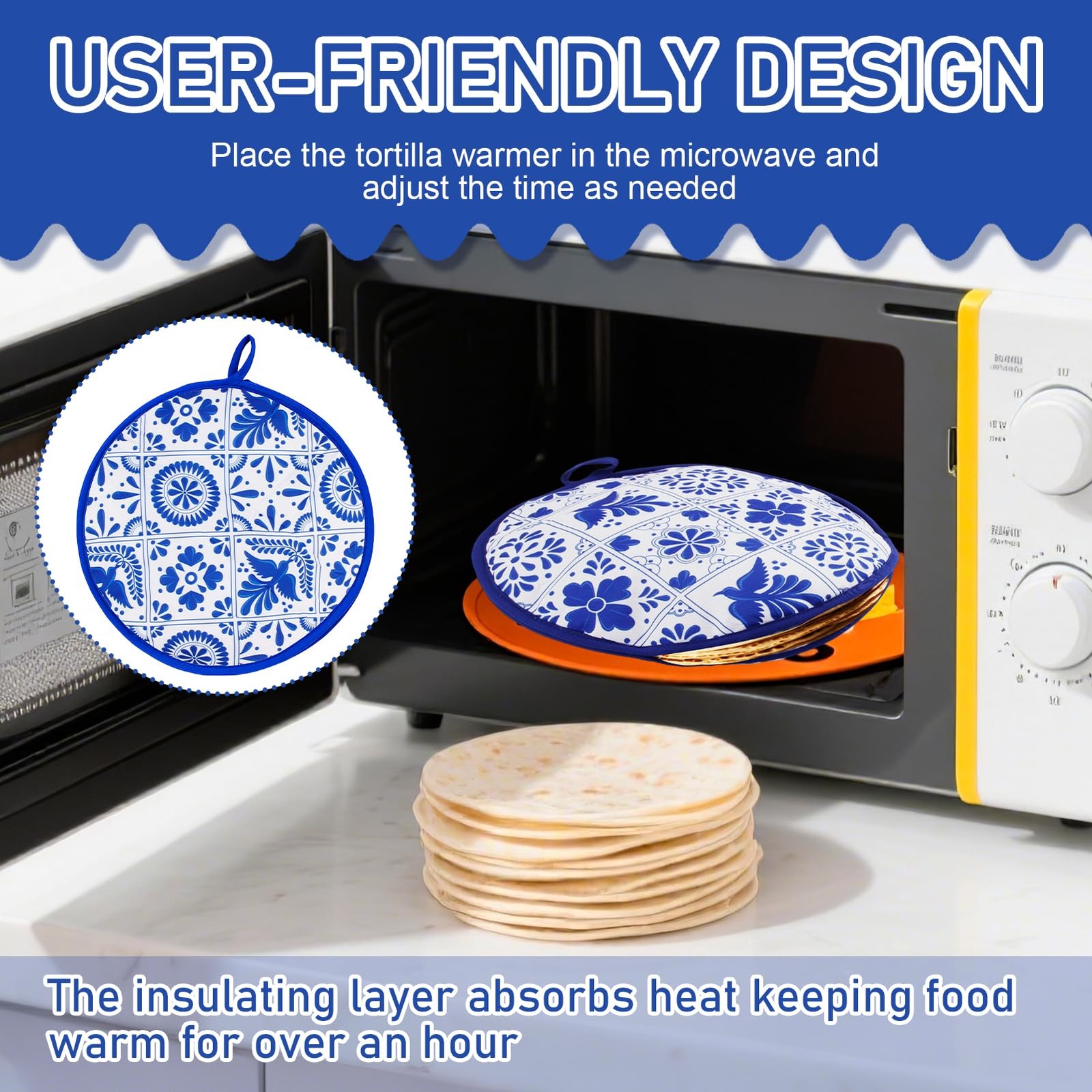1 Pcs 12 Inch Tortilla Warmer Pouch,Blue Pattern Microwave 12 inches, Blue