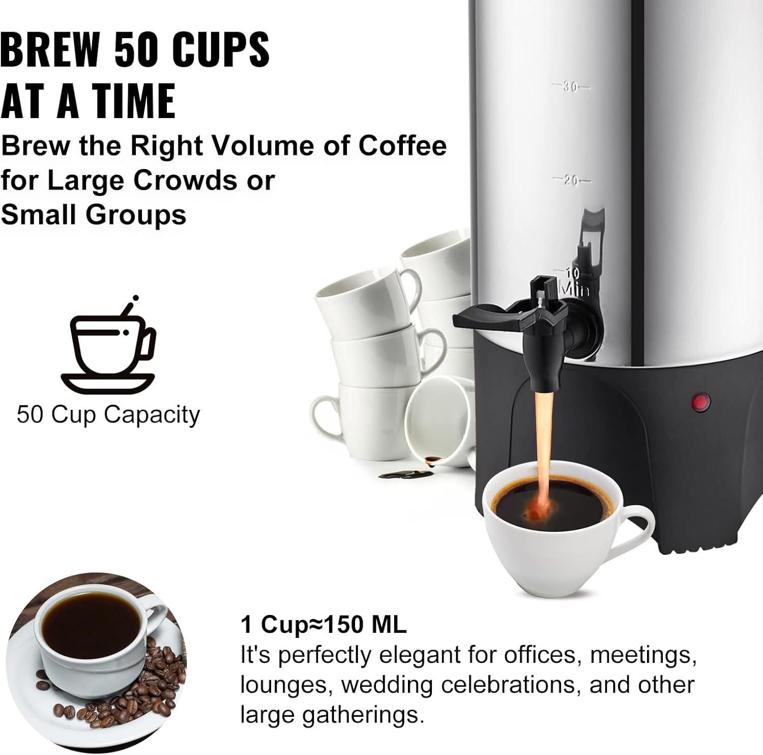 Commercial Coffee Urn, 50 Cups/7.5L Stainless Steel Large Coffee Dispenser, 1000