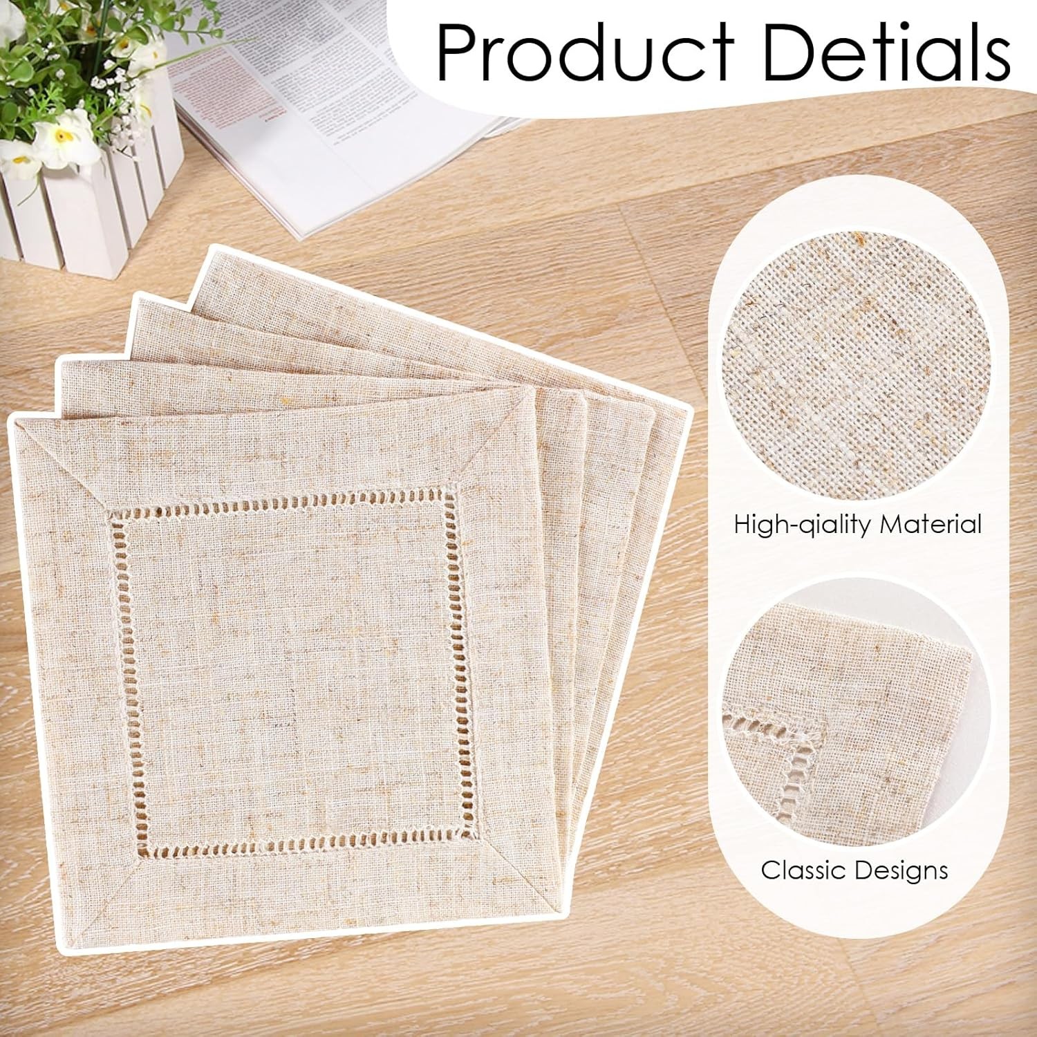 160 Pcs Linen Cocktail Napkins Bulk 6 x 6 Inch Reusable Cloth Hemstitch Fabric