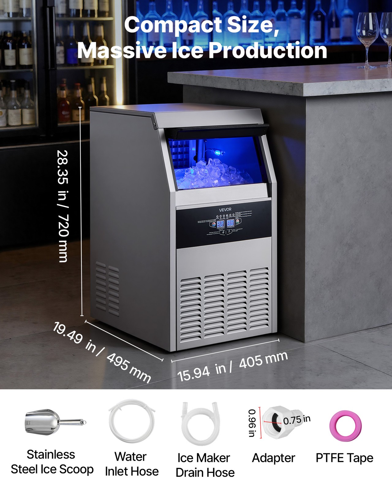 VEVOR Commercial Ice Maker 160 lbs/24h Ice Machine 30 lbs Storage Bar Restaurant