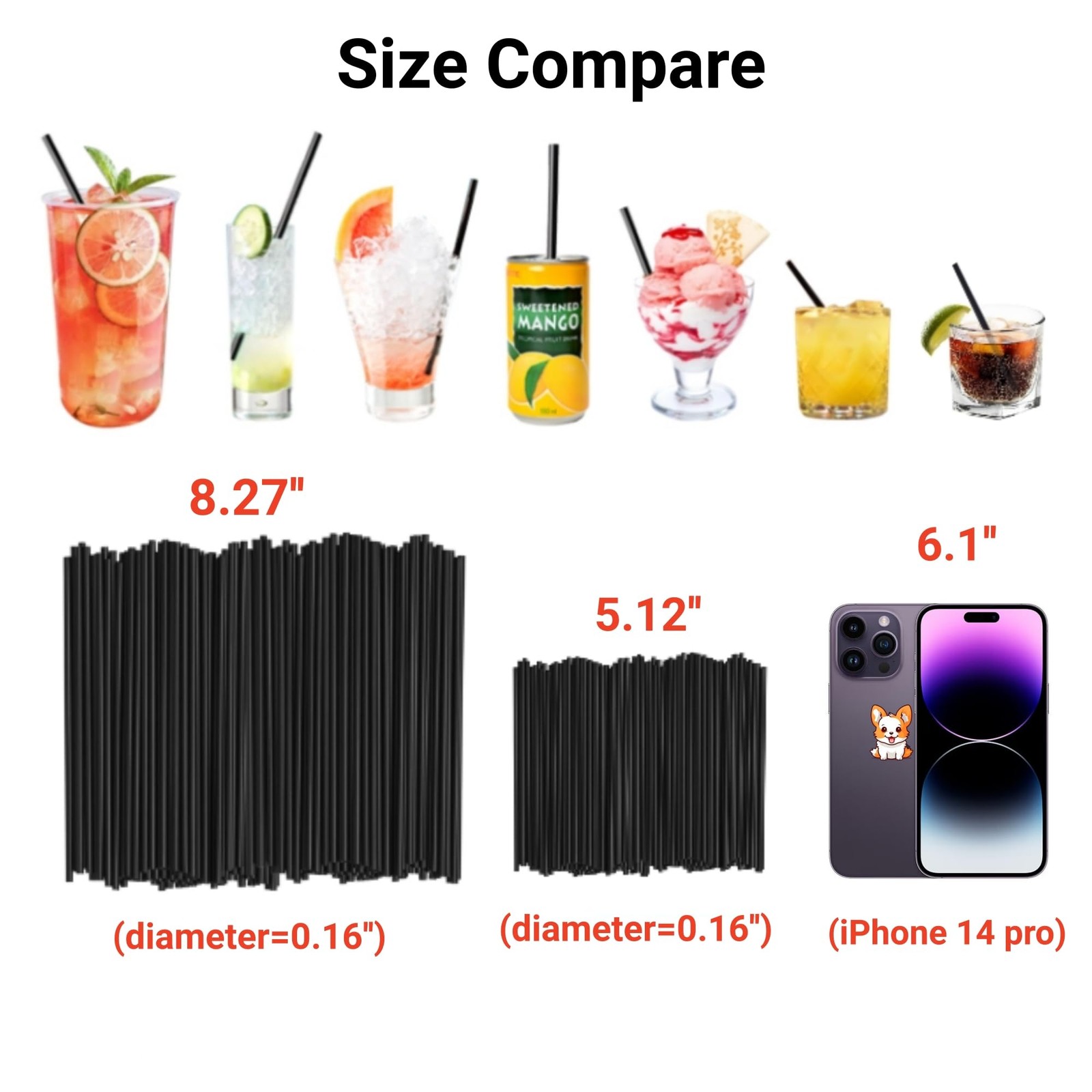 Summerdate 500Pcs Black Disposable Straws5.12 Straight Flat Straw0.16 Diameter
