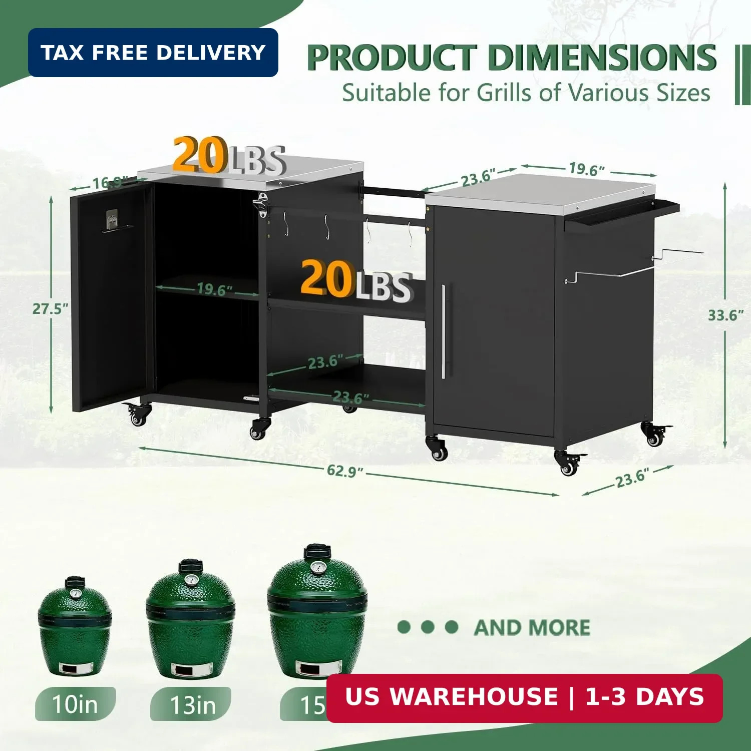 Outdoor Grill Cart for Big Green Egg, Grill Table Suitable for Various Sizes of