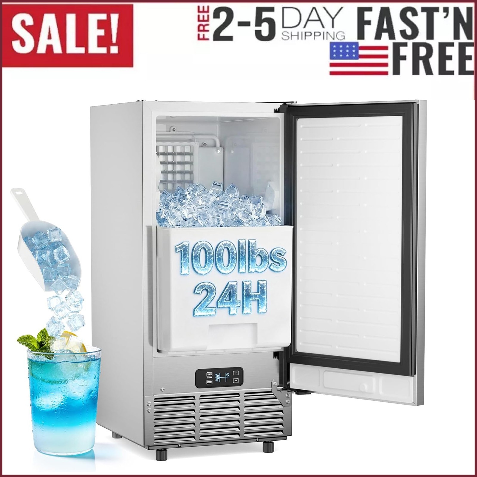 15Inch Under Counter Ice Maker Machine 100Lbs/24H,35LBS Storage, Reversible Door