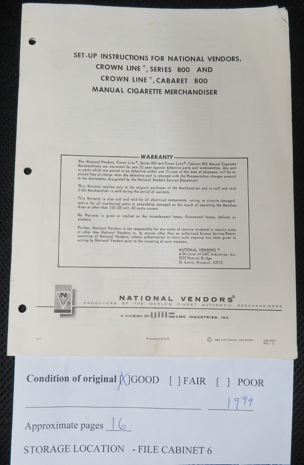 National Vendors Crown Line Series and Cabaret 800 Manual – You Select Option