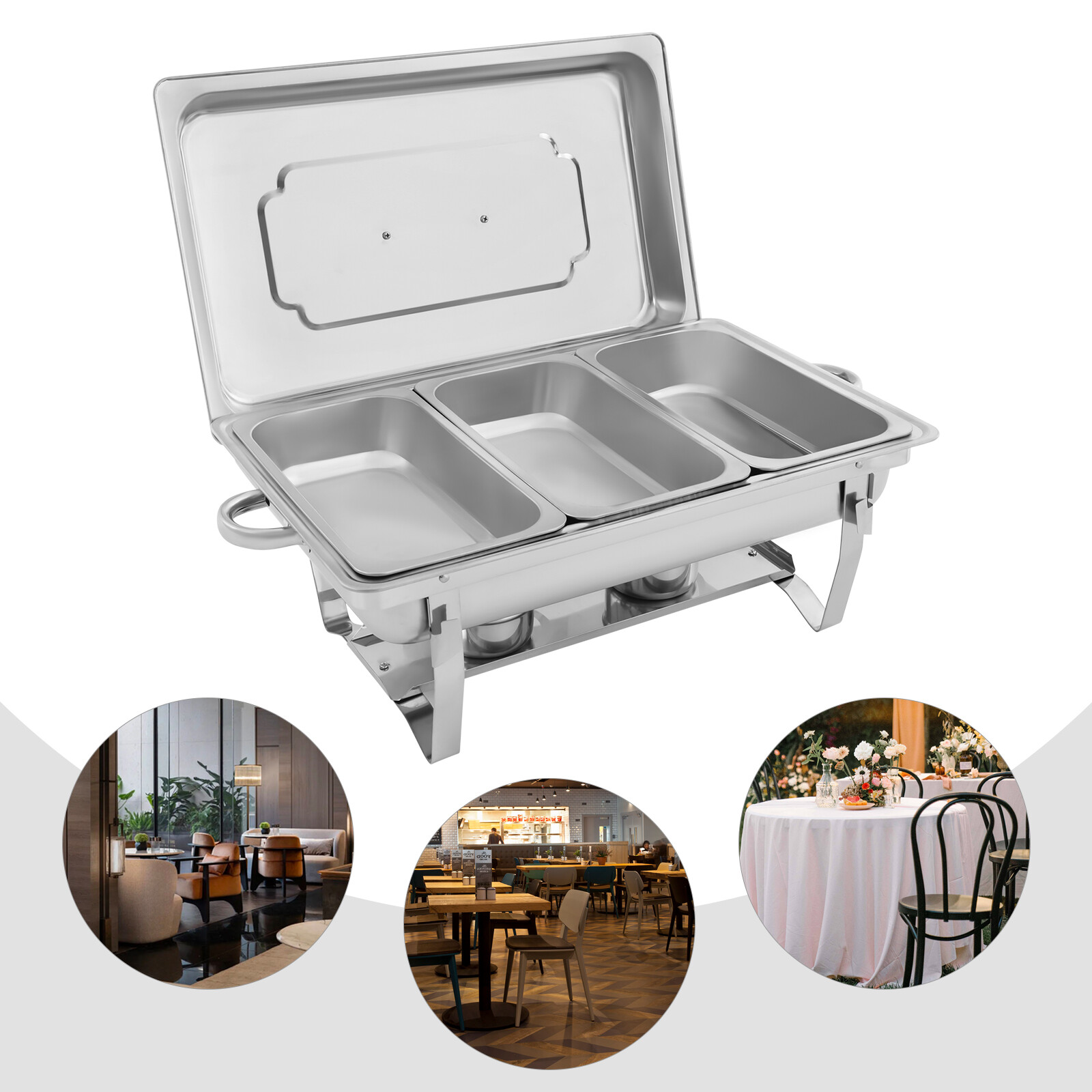 3 Pan Food Warmer Stainless Steel Buffet Set Food Pan Catering Chafer with Lid