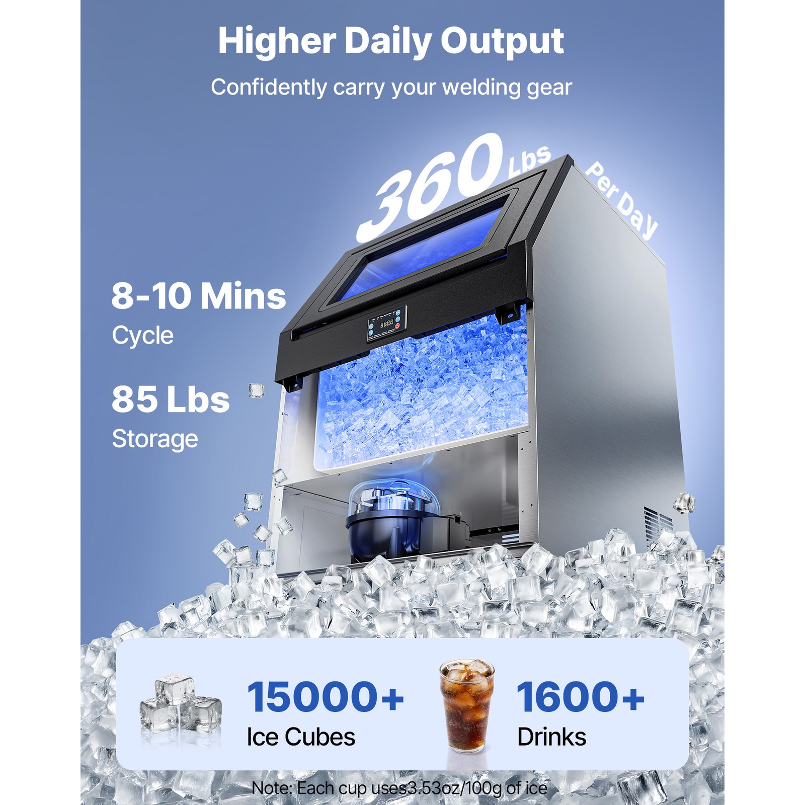Uimoso 360lb Commercial Ice Machine 85lb Storage Freestanding Ice Maker Machine