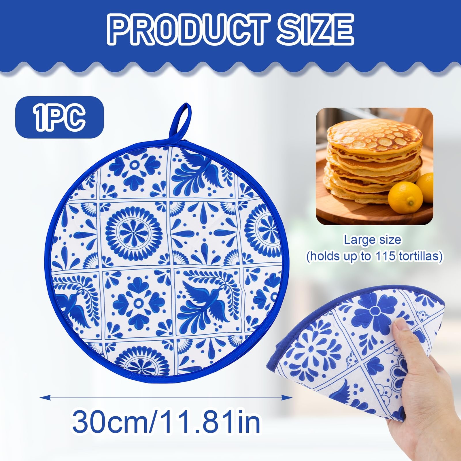 1 Pcs 12 Inch Tortilla Warmer Pouch,Blue Pattern Microwave 12 inches, Blue