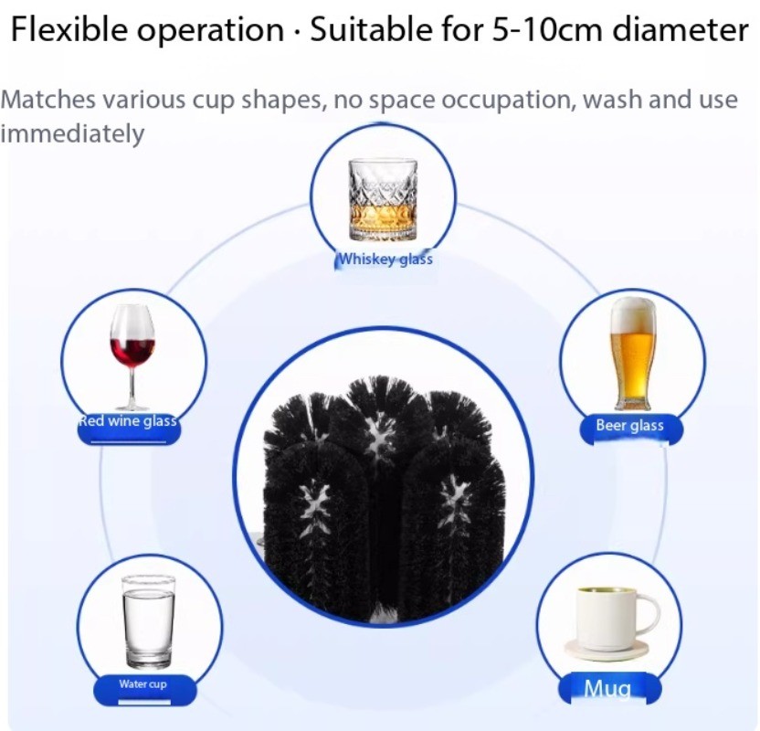 High-efficiency cleaning of small, semi-automatic wine glasses and beer mugs