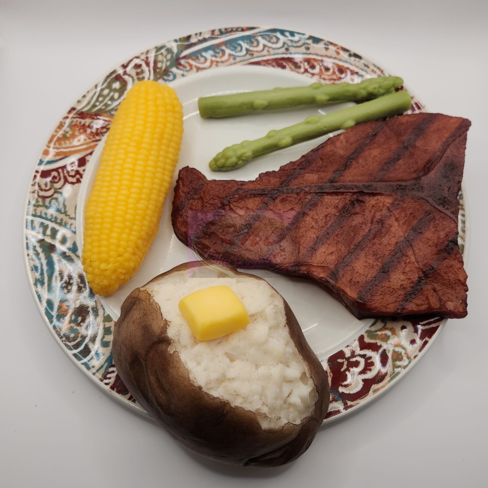 Wax Grilled Steak Dinner, Baked Potato, Full Size Corn, Prop, Fake Food