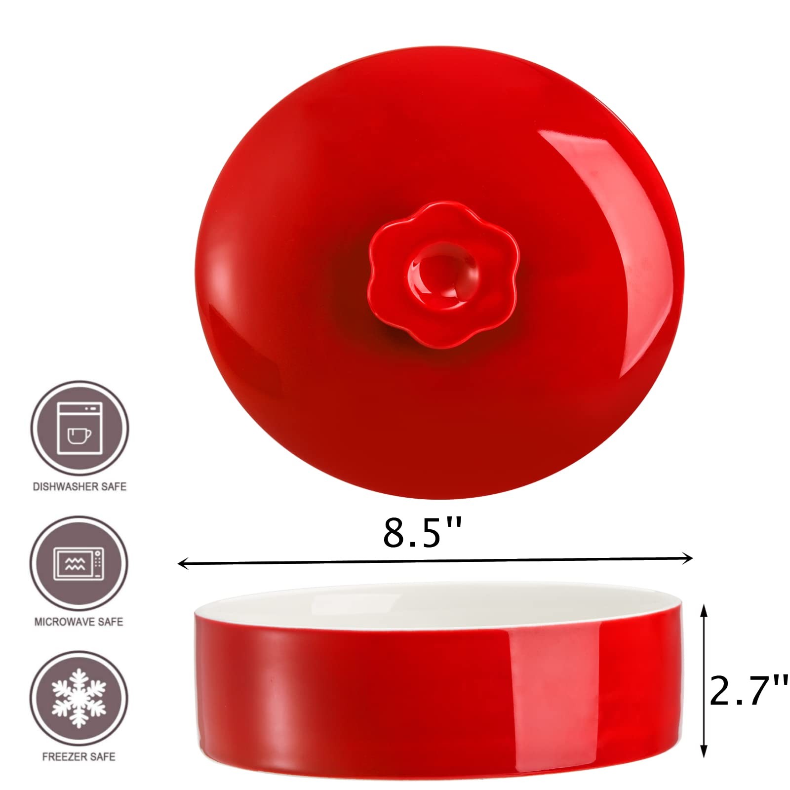 Lyellfe Ceramic Tortilla Warmer with Lid, 8.5 inches x 2.7 inches, Red