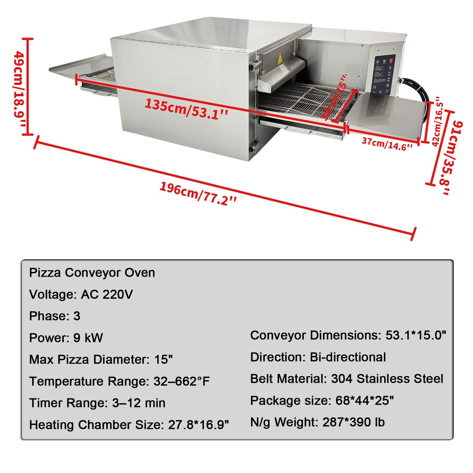 220V 3PH 9KW 15″ Countertop Conveyor Pizza Oven Baking Electric Oven 41-752℉